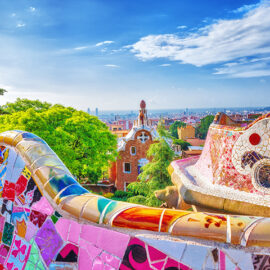 Barcelona, Spain. Gorgeous colorful view of Park Guell - the creation of great architect Antonio Gaudi. UNESCO world heritage site.