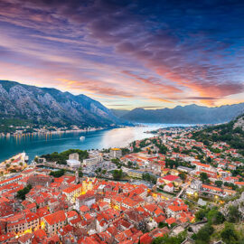 Aerial evening view of Kotor bay and Old Town from hill of Lovcen Mountain