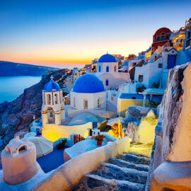 Romantic travel destination Oia village, Santorini island, Greece