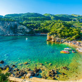 Beach and boat in Paleokastritsa, Corfu