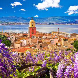 Saint Tropez village church tower and old rooftops view